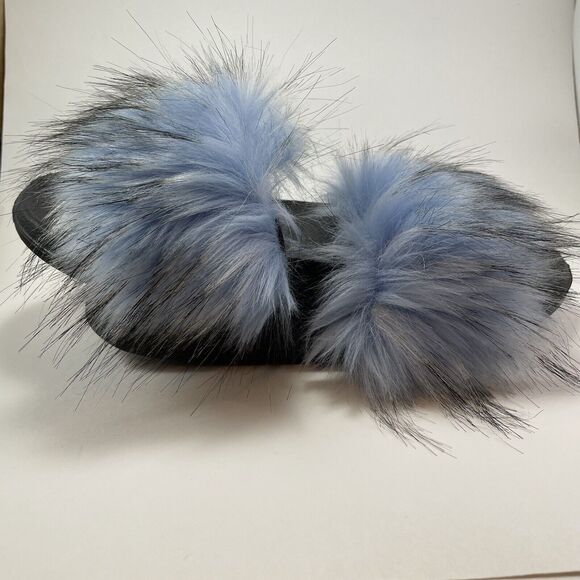 Faux Fox Fur Slides/Slippers Women's US 7.5-8 Light Blue Fuzzy Fluffy Flat Soft - Picture 13 of 15